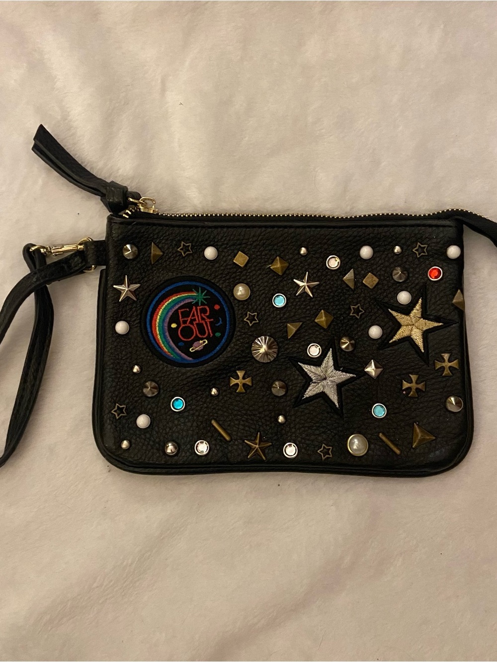 Steve Madden Black Wristlet Clutch with Star & Outer Space-themed Embellishments